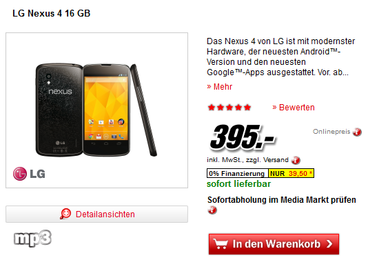 Das Google Nexus 4 kann für 395 Euro erstanden werden.
