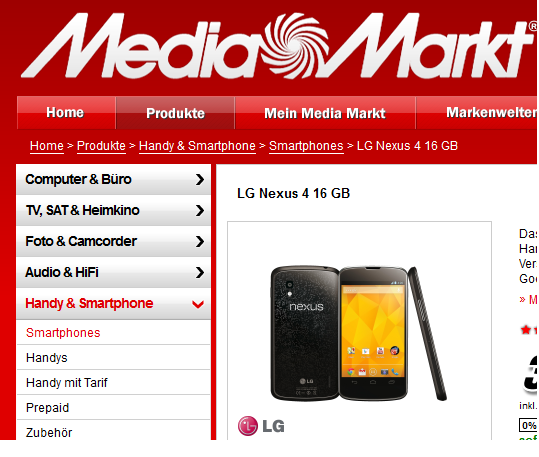 Das Google Nexus 4 von LG kann ab sofort bei Media Markt bestellt werden.